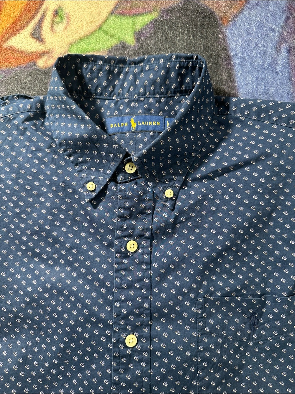 Ralph Lauren Navy Button-Down Shirt with White Microprint Size Large